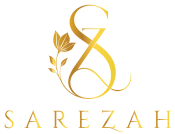 Gold logo with 'Sarezah' and floral design on a black background