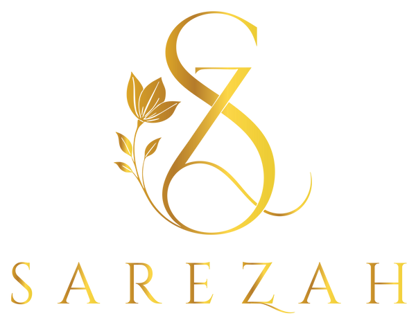 Gold logo with 'Sarezah' and floral design on a black background